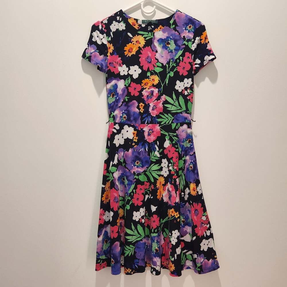 Ralph Lauren Dress Flare A-Line XS Short Sleeve Stretchy Floral Lined